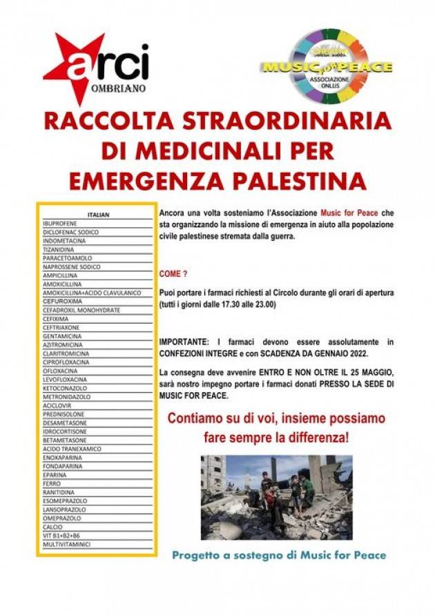 Arci Ombriano Raccoglie medicinali per Emergenza Palestina