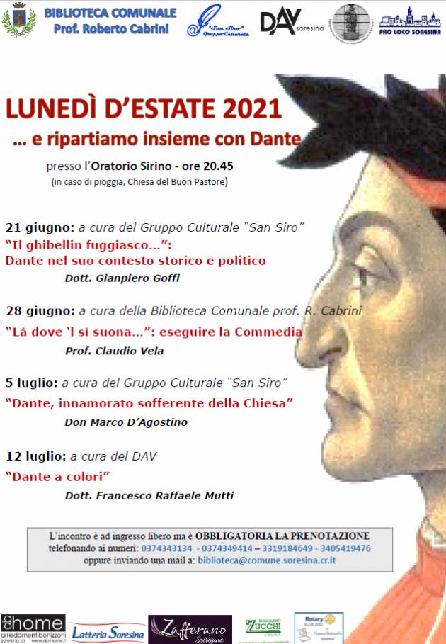 BIBLIOTECA COMUNALE SORESINA , ripartiamo con Dante il 21 giugno