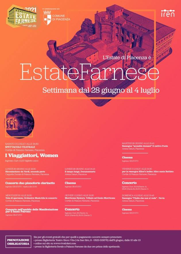 Piacenza Estate Farnese 2021 IL PROGRAMMA DELLA QUARTA SETTIMANA  