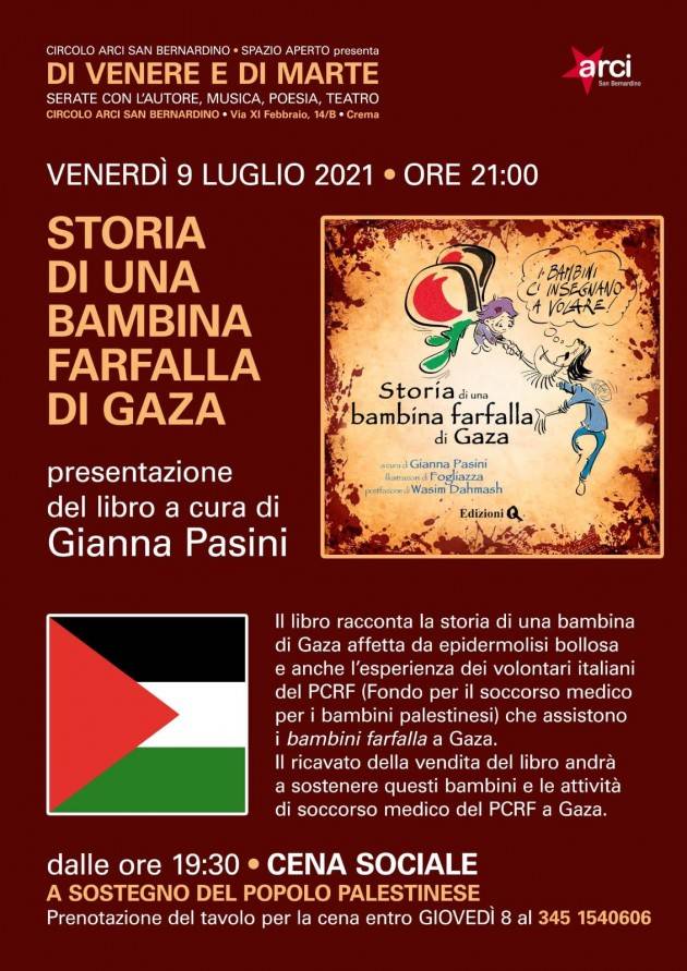 Venerdì 9 Luglio, all'Arci San Bernardino di Crema, serata a sostegno del popolo Palestinese: