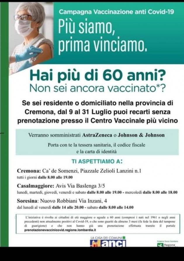 Diego Vairani (Soresina)  Gli over 60 possono fare il vaccino senza prenotazioni