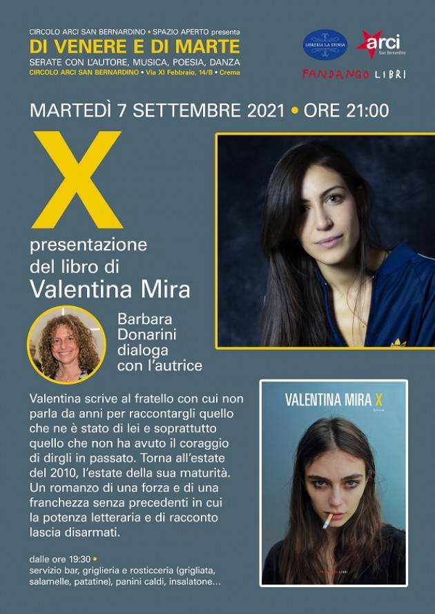 Crema  Arci San Bernardino Valentina Mira  per presentare il suo libro X