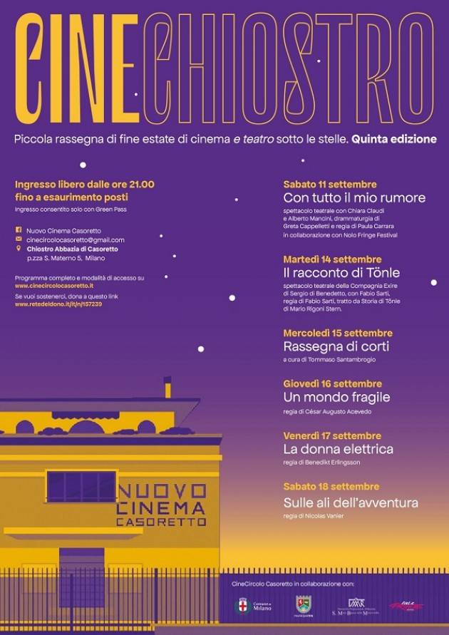 Milano  CineChiostro 2021 (11 e 14 settembre; 15-18 settembre) 