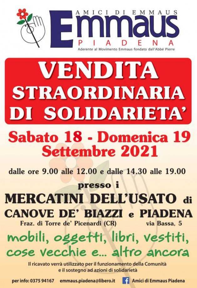 EMMAUS VENDITA STRAORDINARIA DI SOLIDARIETA’ IL 18 e 19 settembre 2021