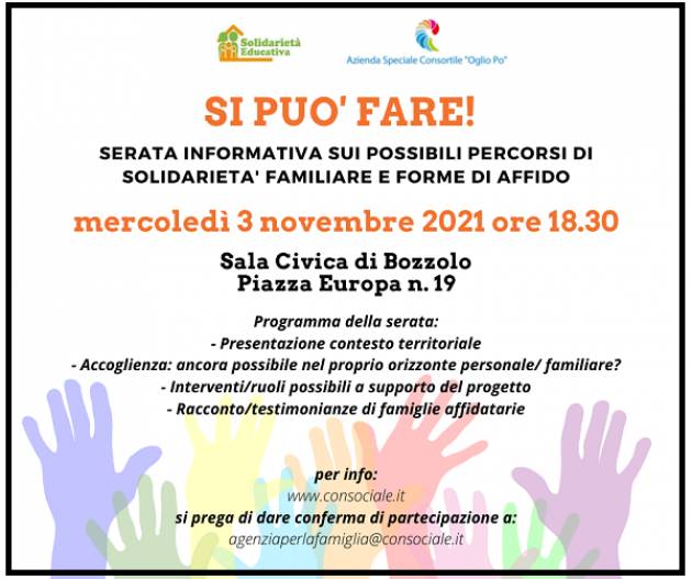 Solidarietà familiare e affido: nuovo incontro il 3 novembre a Bozzolo 