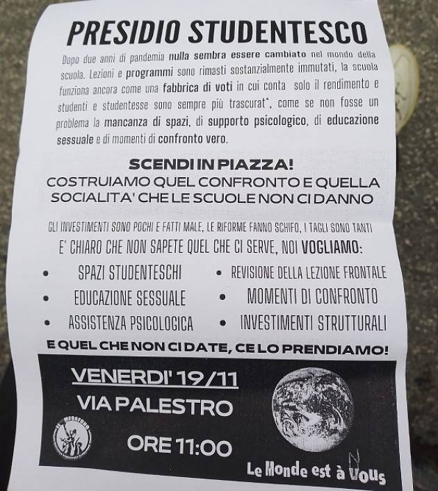 Oggi 19 novembre PRESIDIO STUDENTESCO a Cremona in Via Palestro