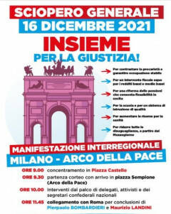 Cgil-UIL Cremona 16 DICEMBRE '21, SCIOPERO GENERALE Manifestazione a Milano
