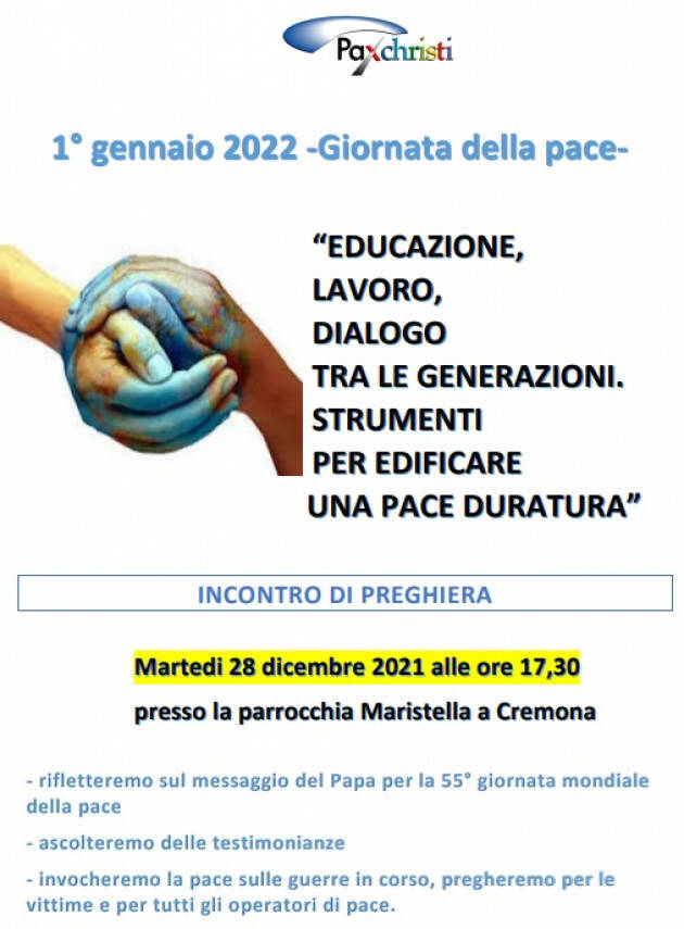 Il 1°gennaio giornata mondiale pace. Pax Christi organizza incontro il 28 dic