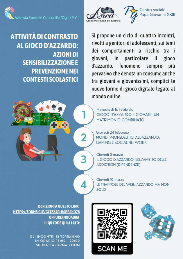 GIOCO D’AZZARDO E GIOVANI:  4 INCONTRI ONLINE RIVOLTI AI GENITORI DI ADOLESCENTI A PARTIRE DAL 16 FEBBRAIO