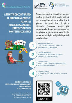 GIOCO D’AZZARDO E GIOVANI:  4 INCONTRI ONLINE RIVOLTI AI GENITORI DI ADOLESCENTI A PARTIRE DAL 16 FEBBRAIO