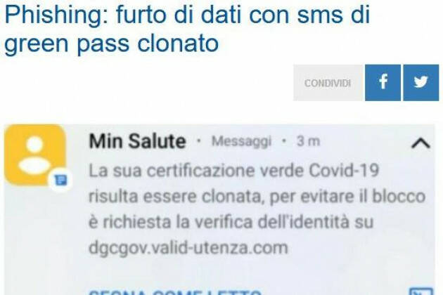 Furto di dati con sms di green pass clonato