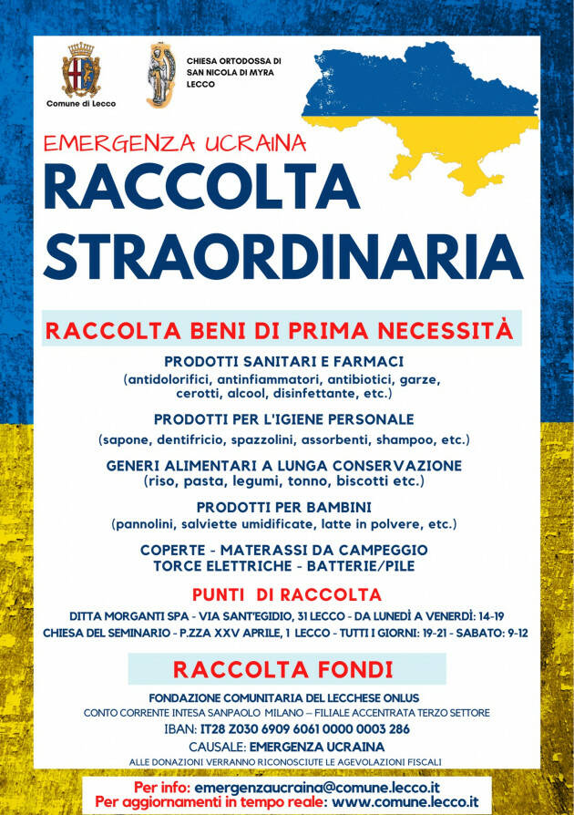 Lecco: Raccolta fondi e beni di prima necessità per emergenza Ucraina