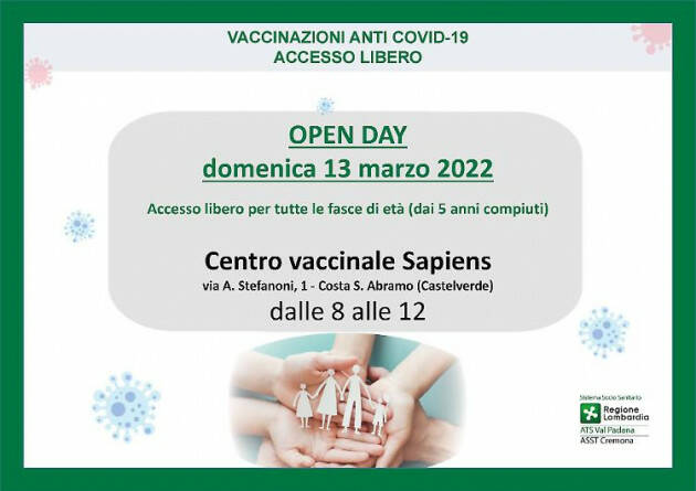 VACCINI ANTI-COVID: OPEN DAY DOMENICA 13 MARZO