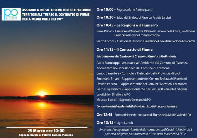Contratto di Fiume della Media Valle del Po: il 25 marzo 2022 la sottoscrizione a Piacenza