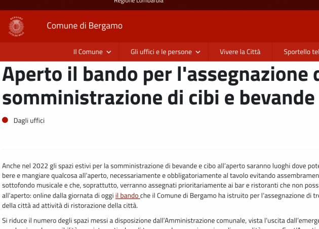 Bergamo: Online il bando per l'assegnazione di tre spazi estivi di somministrazione all'aperto
