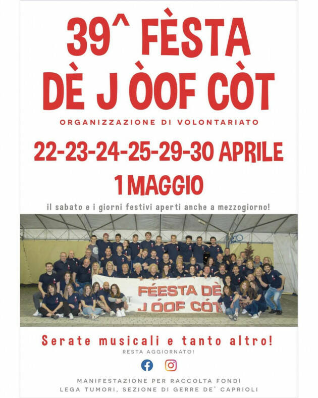 Torna la ‘FESTA DE J OOF COT’ dal 25 APRILE 2022 al 1 MAGGIO a Gerre dè Caprioli