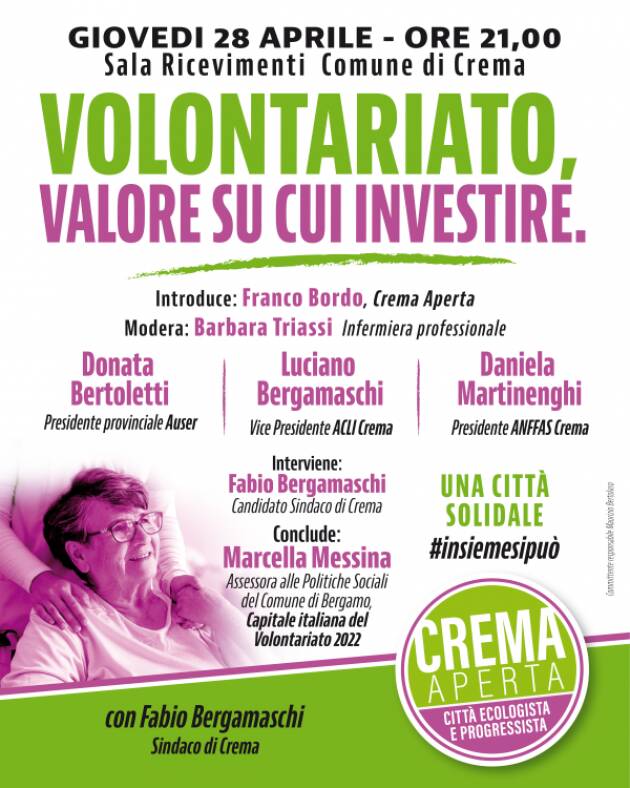 Crema Aperta Giovedì 28 ore 21 in Comune, incontro volontariato