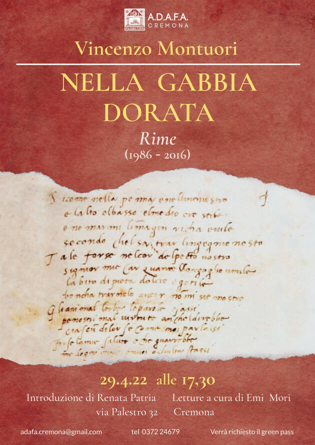 Venerdì alle 17,30, verrà presentato il libro di Vincenzo Montuori 'Nella gabbia dorata – Rime (1986-2016)'. 