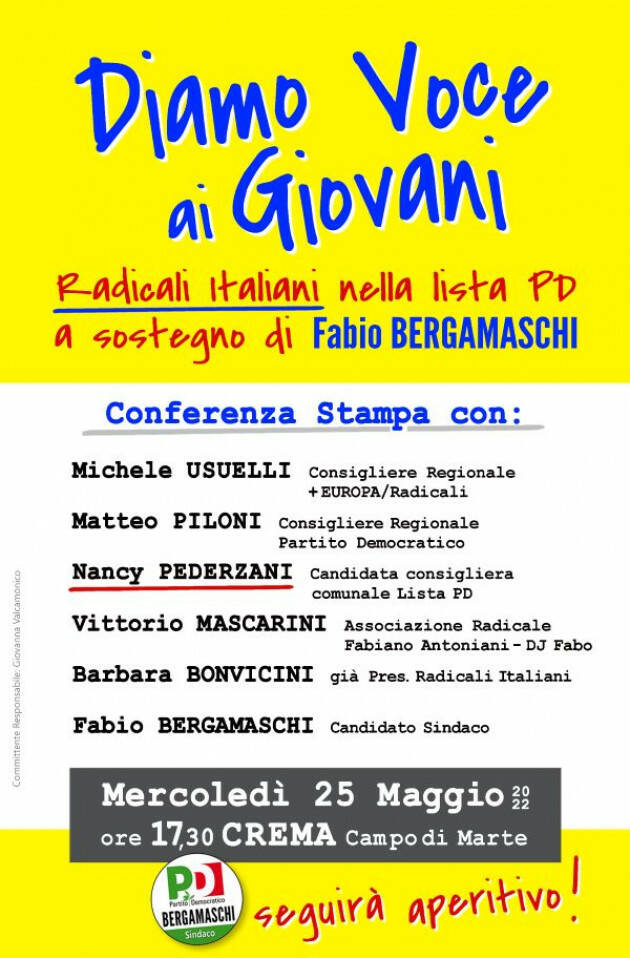 Crema Conf.Stampa “Diamo voce ai giovani: 'Radicali italiani nella lista PD a sostegno di Fabio Bergamaschi'