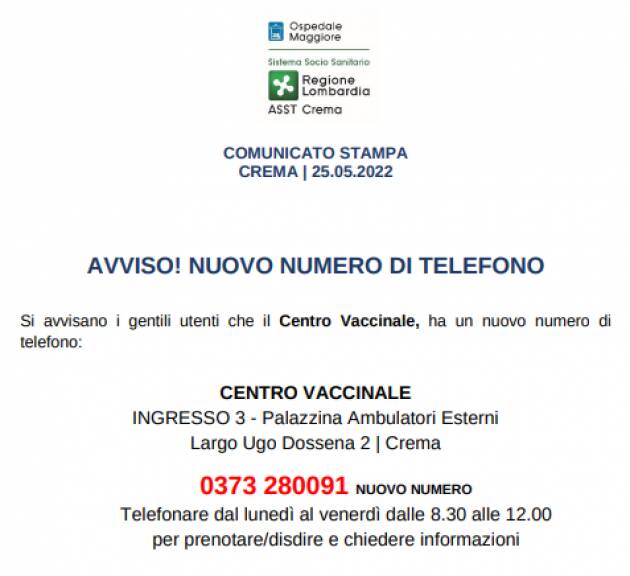 ASST CREMA - CS AVVISO! NUOVO NUMERO DI TELEFONO CENTRO VACCINALE