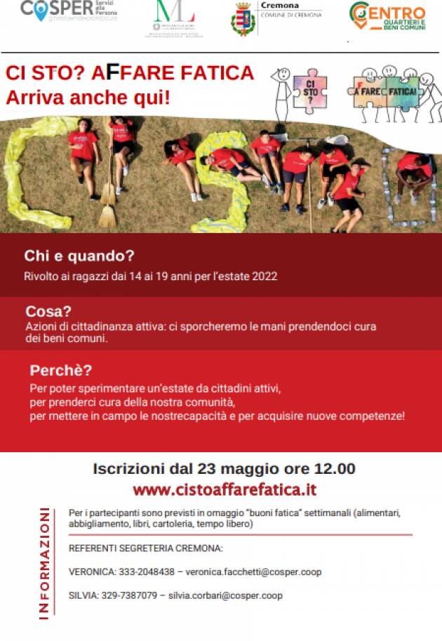 Da giugno ad agosto entra nel vivo a Cremona il progetto Ci sto? Affare fatica!