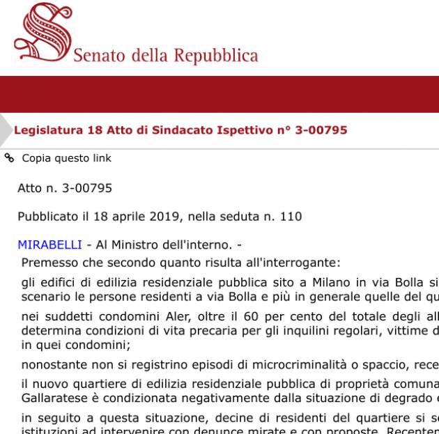 MILANO, MIRABELLI (PD): SU VIA BOLLA NOSTRA INTERROGAZIONE A SALVINI NEL 2019