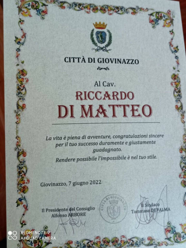 Riconoscimento a Sinergitaly e al cav Riccardo di Matteo dalla città di Giovinazzo