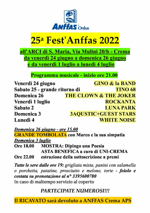 Crema: Musica, arte e buon cibo: torna Fest’Anffas a santa Maria