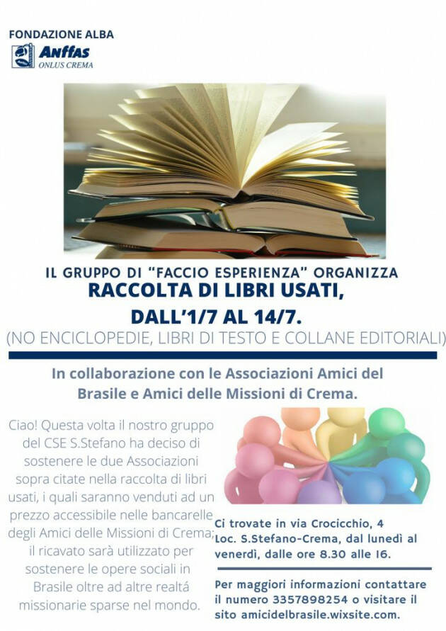 Anffas Crema raccoglie libri usati per sostenere missioni in Brasile