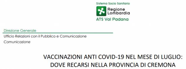 VACCINAZIONI COVID19 NEL MESE DI LUGLIO: DOVE RECARSI NELLA PROVINCIA DI CREMONA