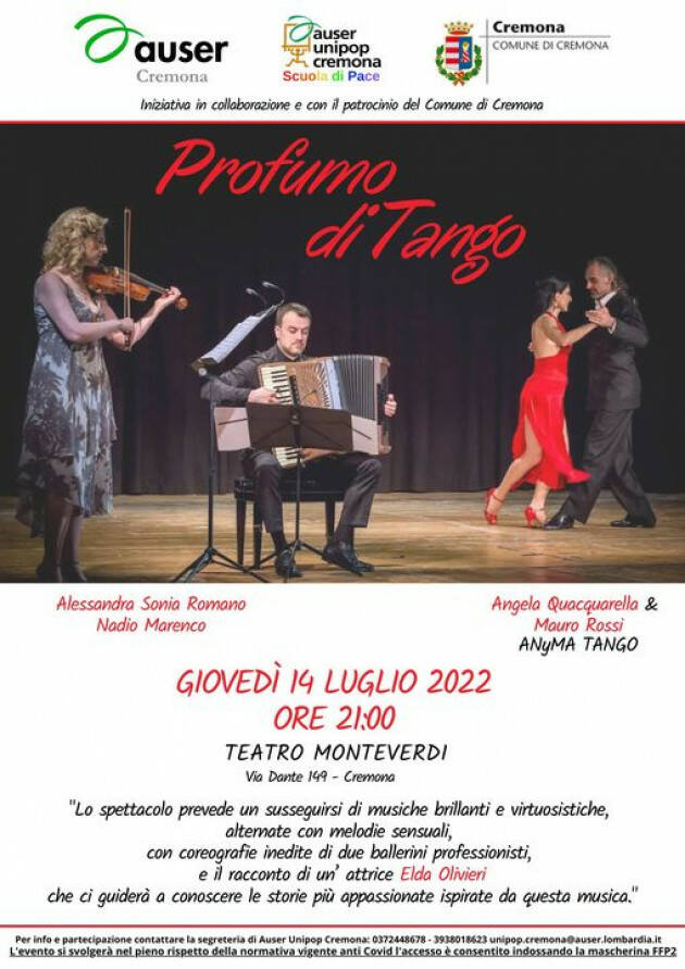 Auser Cremona Profumo di Tango  il 14 luglio dalle ore 21