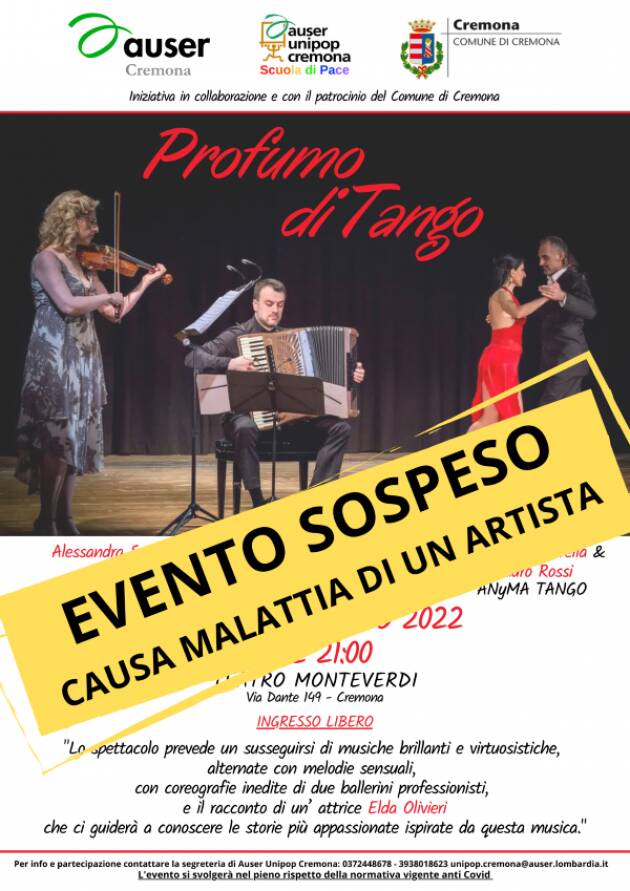 Auser Cremona SOSPESO Profumo di Tango in programma per giovedì 14 luglio 2022 