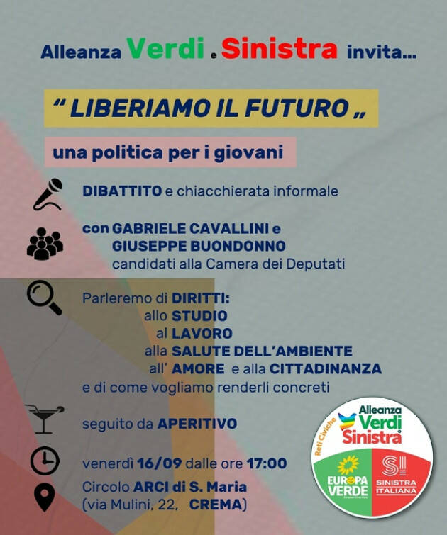 #elezioni22 Crema L’Alleanza Verdi-Sinistra evento venerdì 16 con i giovani