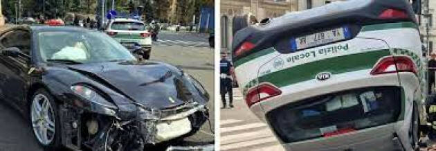 Auto della Polizia locale si scontra con una Ferrari a Milano