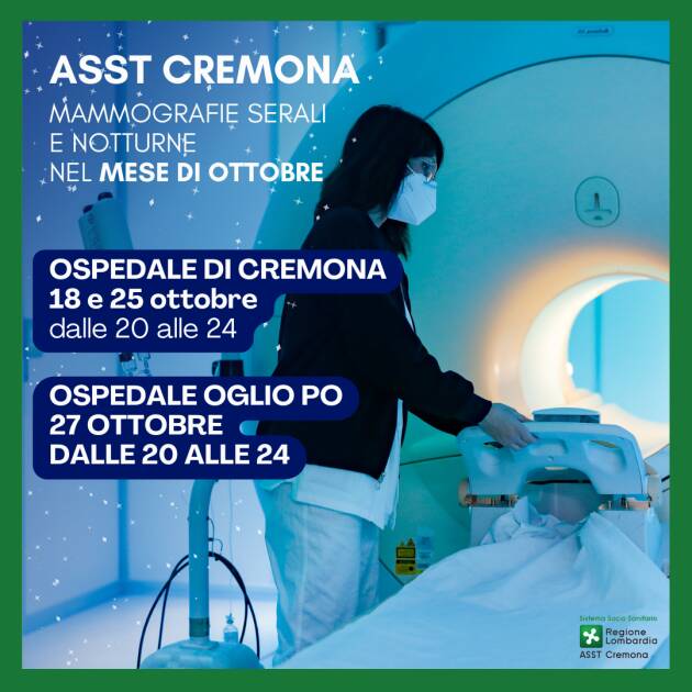 MAMMOGRAFIE DI SERA, GLI APPUNTAMENTI AGLI OSPEDALI DI CREMONA E DI OGLIO PO