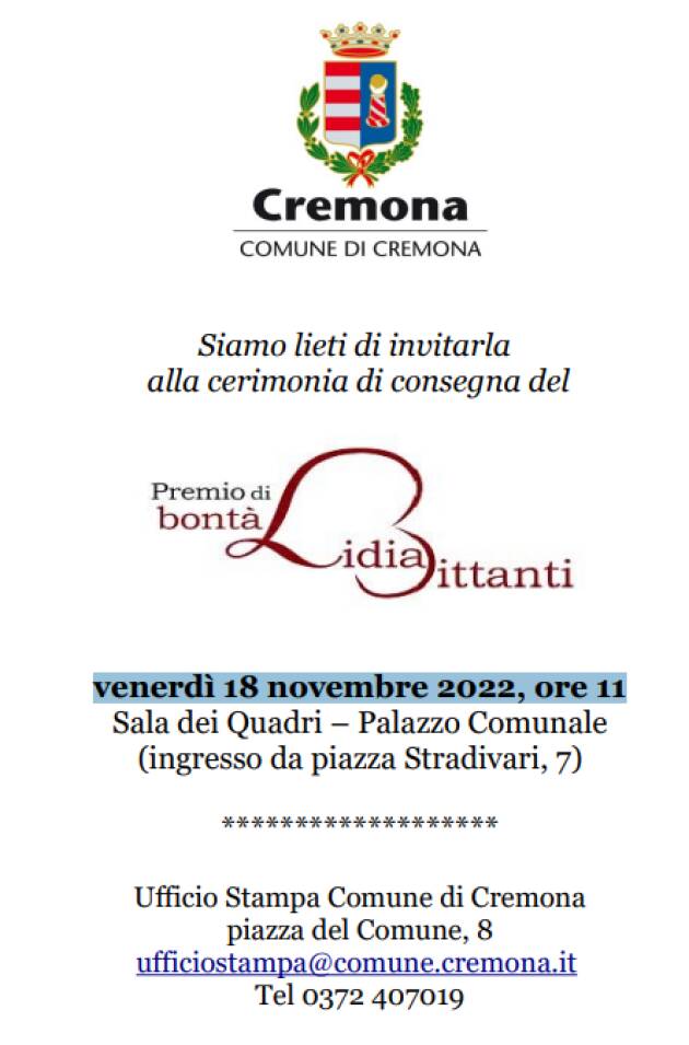 CREMONA: CERIMONIA DI CONSEGNA DEL PREMIO DI BONTA' INTITOLATO A LIDIA BITTANTI