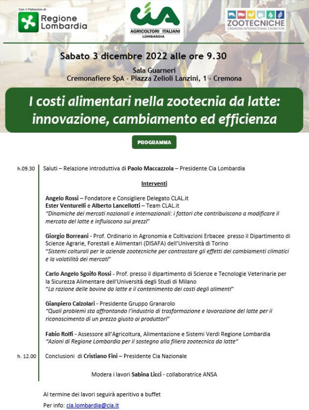 CremonaFiere la CIA organizza convegno sui  costi alimentari nella zootecnia da latte