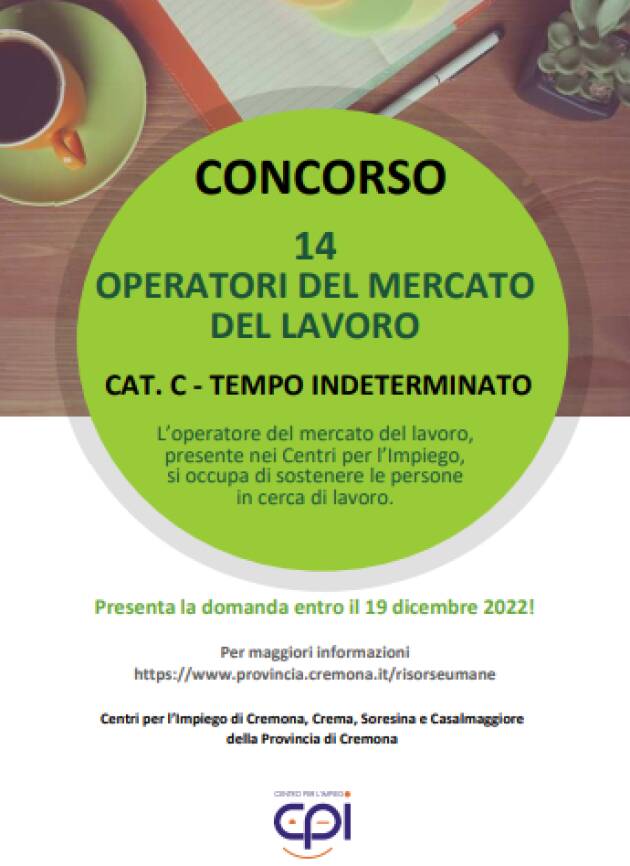 CREMONA: Concorso pubblico per 14 operatori del mercato del lavoro