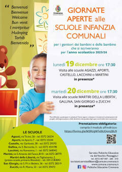 CREMONA: Il 19 e 20 dicembre open day alle scuole infanzia comunali