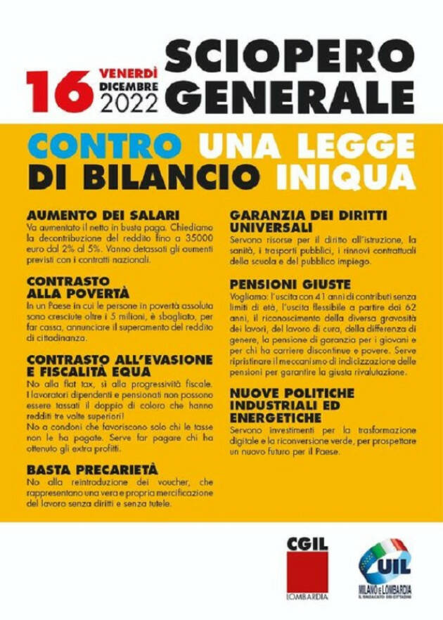 Cgilcremona 16 DICEMBRE SCIOPERO GENERALE CONTRO UNA LEGGE DI BILANCIO INIQUA