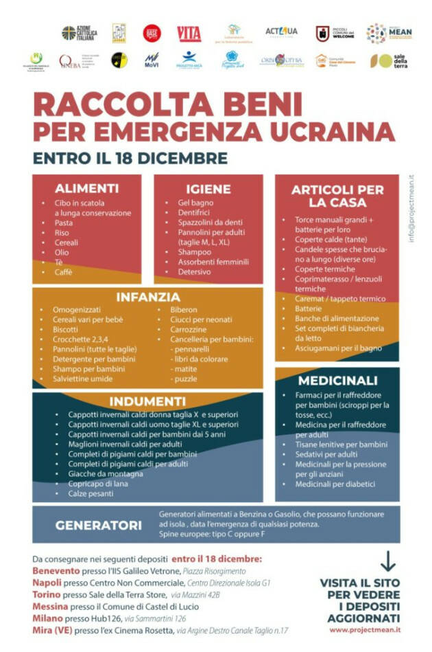 Uneba per l’Ucraina – Raccolta nazionale di indumenti, medicine, alimenti, generatori…