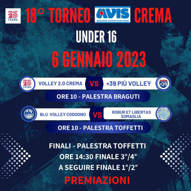 Crema venerdì 6 gennaio si svolgerà il 18° torneo AVIS di Pallavolo femminile 