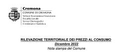 INDICE ANDAMENTO PREZZI AL CONSUMO A CREMONA DICEMBRE 2022