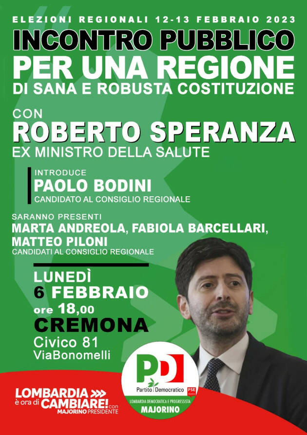 Elezioni Lombarde 12-13 febbraio Bentornato a Roberto Speranza | Paolo Bodini (Art.Uno-PD)