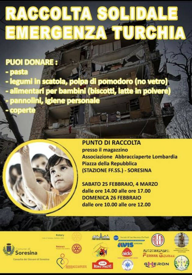 SORESINA RACCOLTA SOLIDALE EMERGENZA TURCHIA raccolta il 26 febbraio