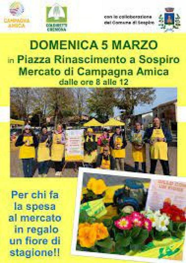 Coldiretti Domenica 5 marzo  a Sospiro Campagna Amica, una primula in dono alle donne