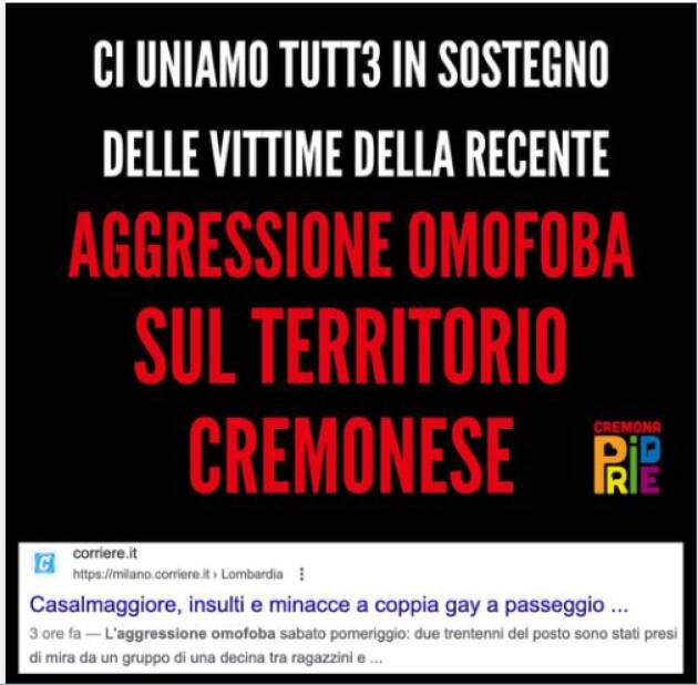 Cremona Pride A Casalmaggiore aggressione omofoba a danno di due ragazzi gay