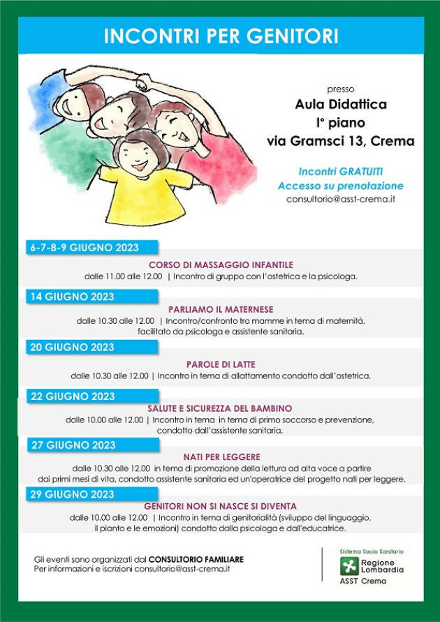 ASST Crema Consultorio, incontri per genitori il programma di giugno
