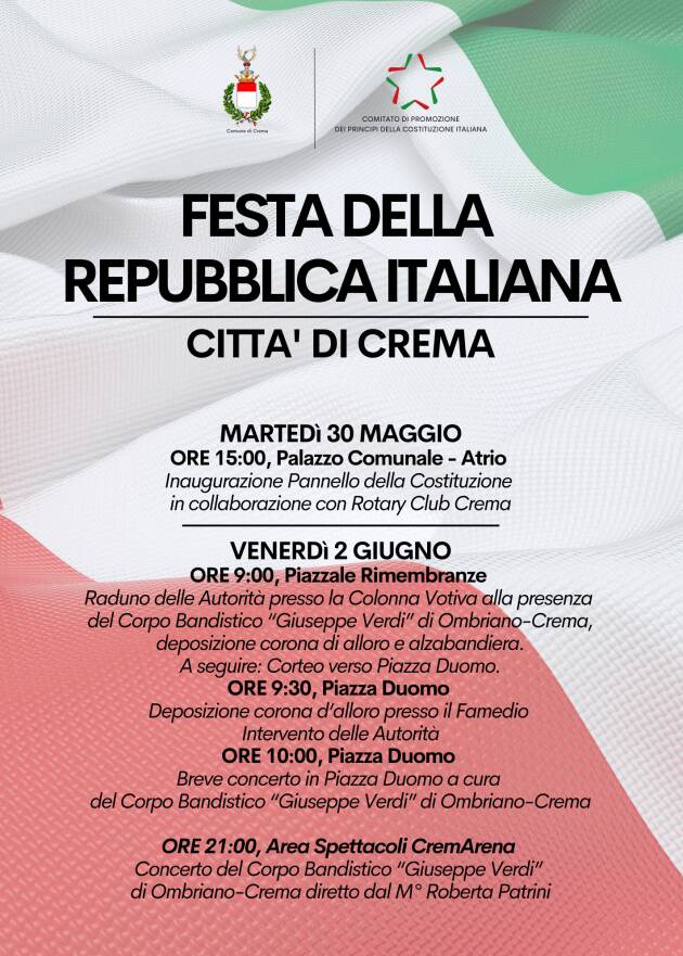 CREMA: programma delle iniziative in occasione della festa della Repubblica