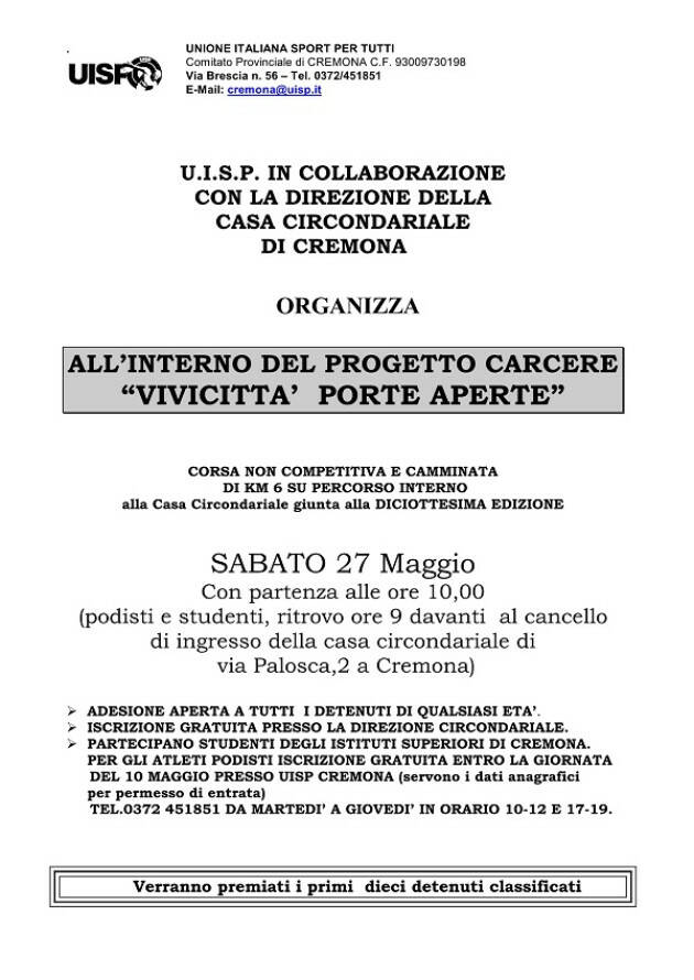 UISP (CR)  Corsa podistica VIVICITTA’ PORTE APERTE presso carcere